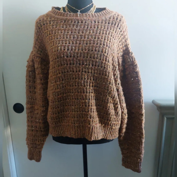 Crocheted Open Knit dropped shoulder Cropped sweater Size Large Brown - Picture 6 of 10